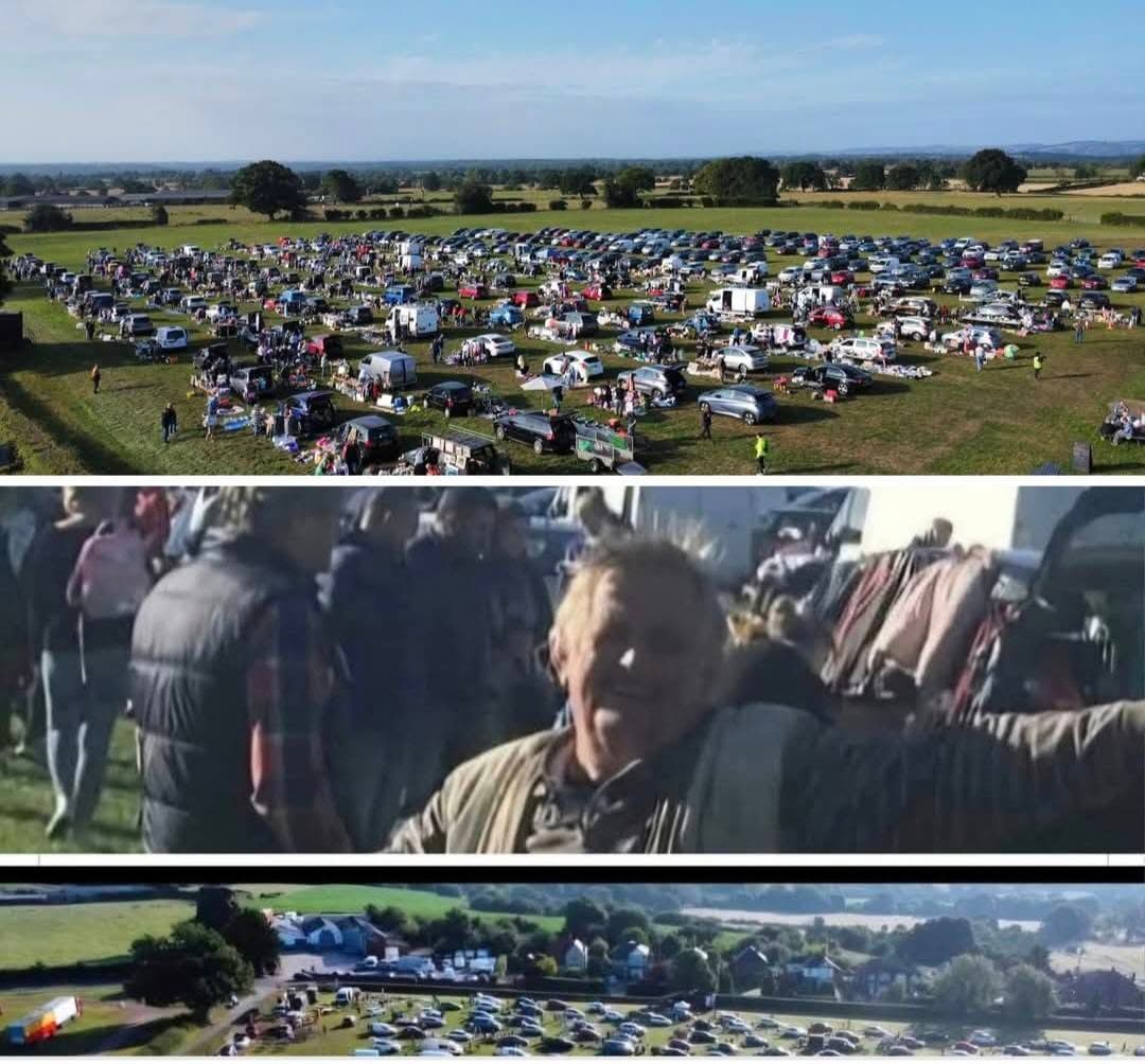 Aerial and close-up views of cars, pitches and shoppers at Wrexham Carboot