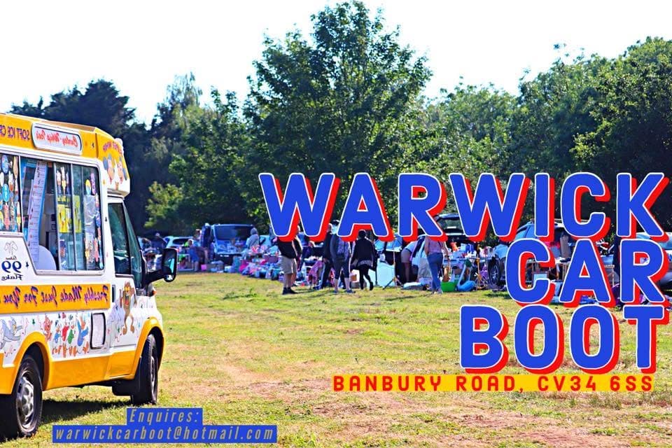Cars, sellers, shoppers and stalls at Warwick Car Boot on Banbury Road