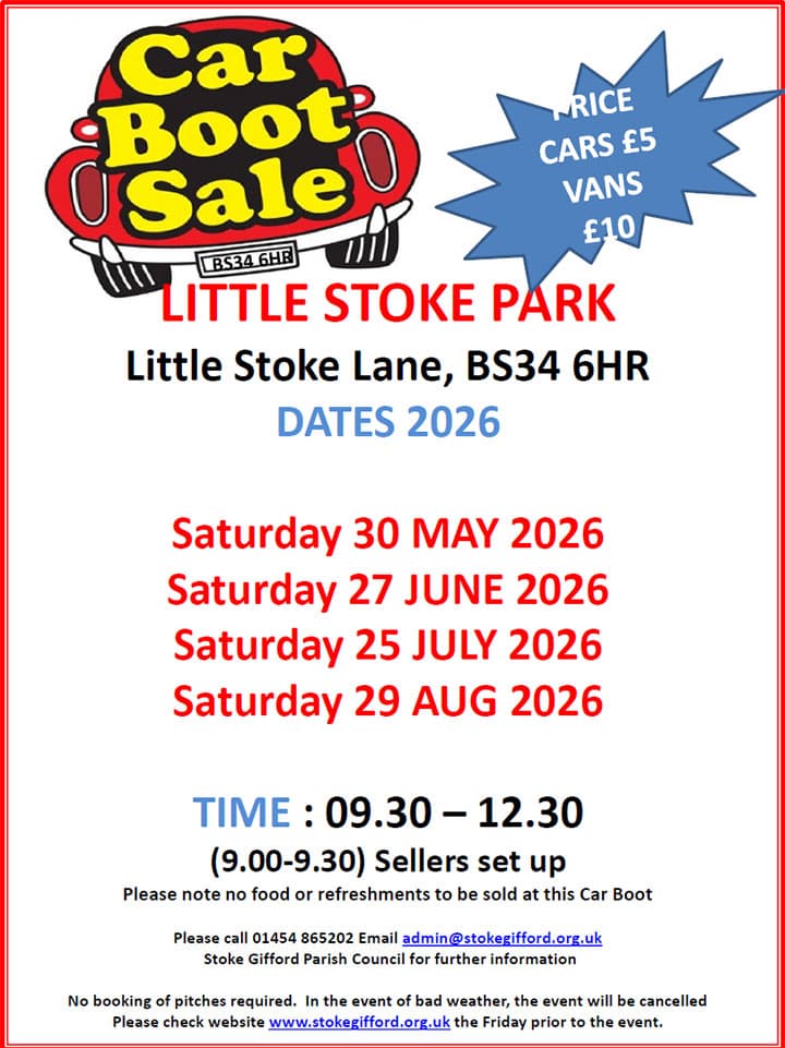 Official 2026 Little Stoke Park Car Boot Sale poster Source: https://www.stokegifford.org.uk/images/events/image_753_1770125486.jpg