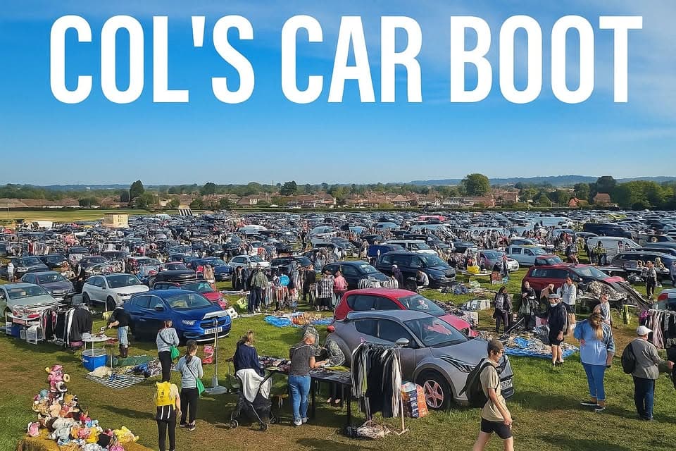 Crowds browsing rows of cars and outdoor stalls at Col's Car Boot