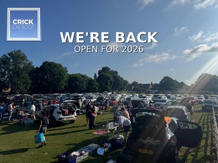 Cars, open boots, tables and shoppers filling Crick Playing Field for the 2026 car boot sale. Photo: Crick Car Boot via Facebook. Source: https://www.facebook.com/crickcarboots/posts/1449499910205275/