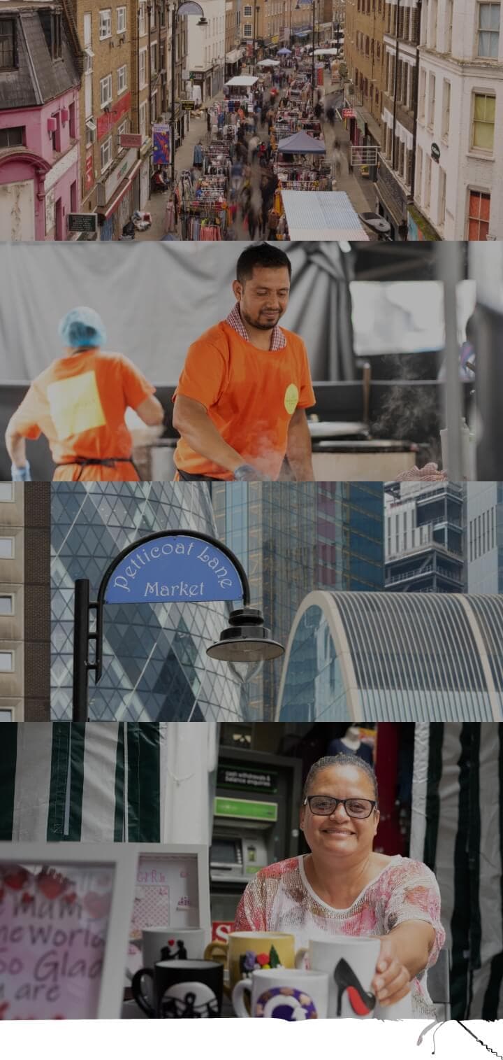Official Petticoat Lane collage showing the Sunday street market, a food trader, the market sign and a stallholder. Source: https://petticoatlane.london/wp-content/uploads/2023/10/mobile-hero.jpg