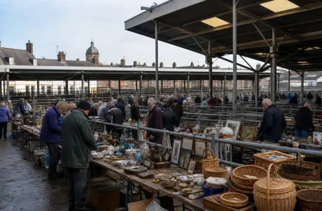 Stalls and shoppers under the covered pens at Leek Cattle Market Source: https://carbootdirectory.co.uk/listings/leek-sunday-market-car-boot/