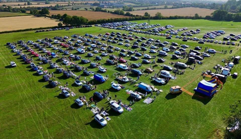 Aerial view of rows of cars, stalls and shoppers at Saddington Car Boot Sale. Source: https://www.facebook.com/Saddington.Car.Boot.Sale/