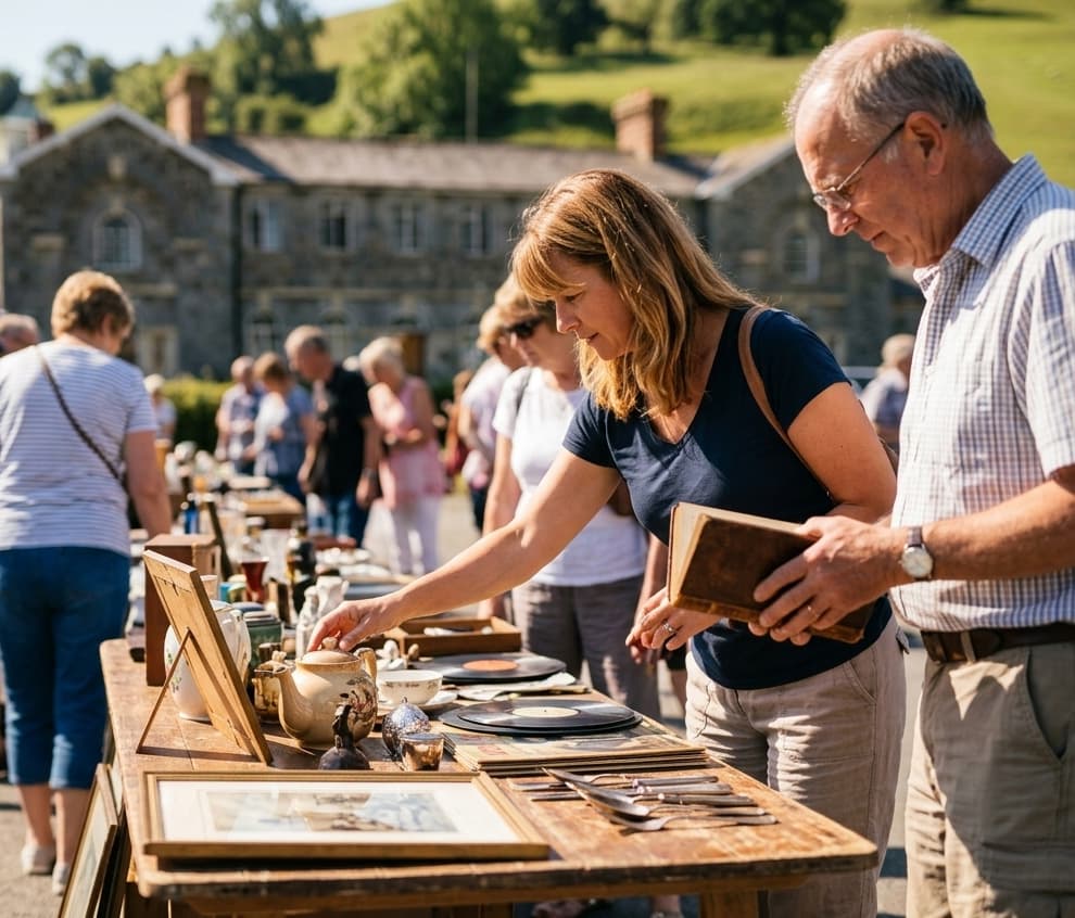 Shoppers browsing stalls in the courtyard at Llanfyllin Workhouse car boot sale Source: https://www.llanfyllinworkhouse.org.uk/wp-content/uploads/2026/04/car-boot-1.jpg