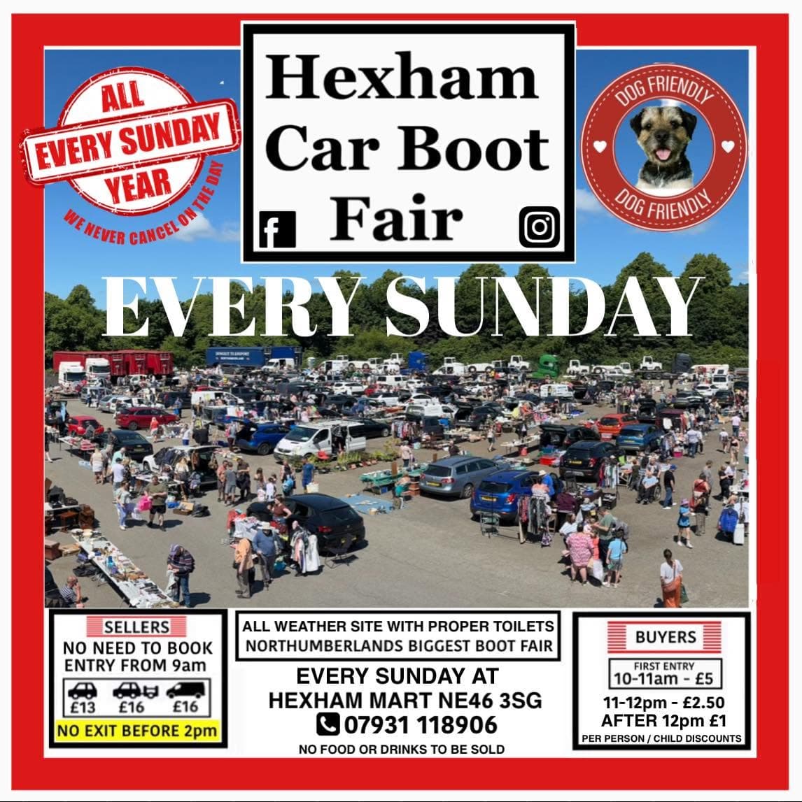 Busy Hexham Car Boot Fair with rows of cars, sellers and buyers across Hexham Mart Source: https://www.facebook.com/photo/?fbid=1323673219763569